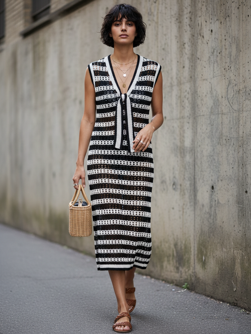Women's Minimalist Tie-Strap V-Neck Sleeveless Striped Knit Midi Dress