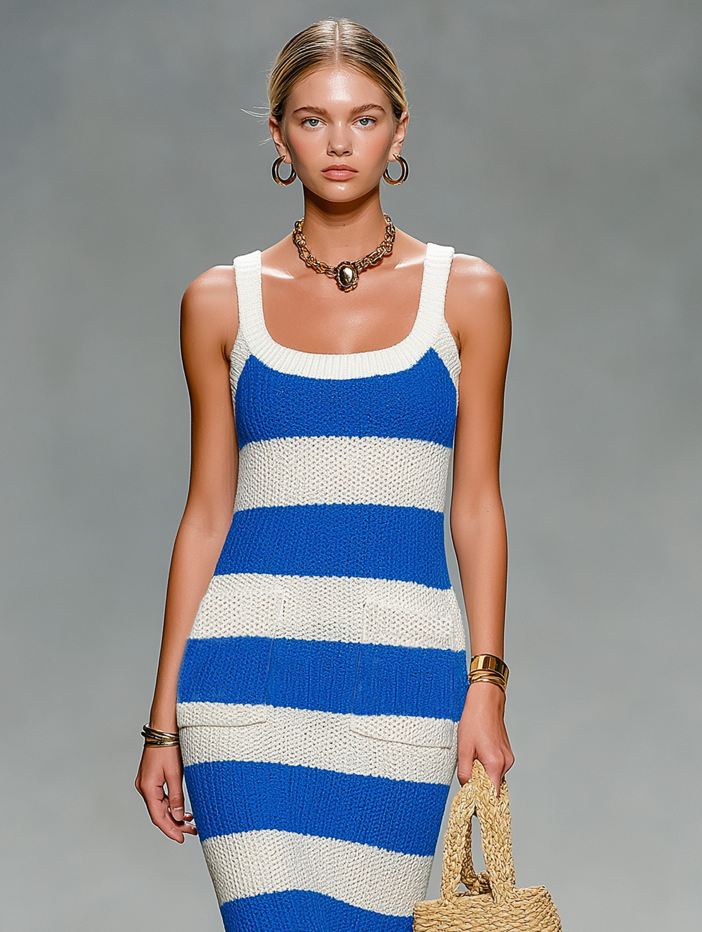 Women's Minimalist Striped Knit Midi Dress With Wide Straps