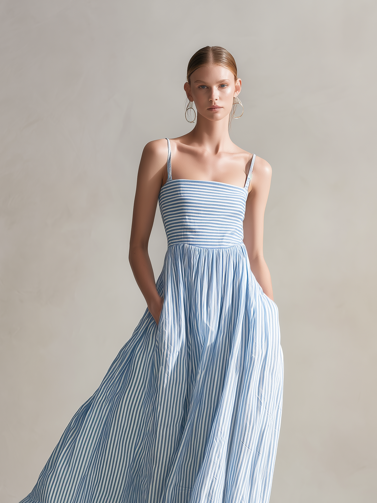 Women's Casual Light Blue Striped Woven Sleeveless Spaghetti-Strap Maxi Dress