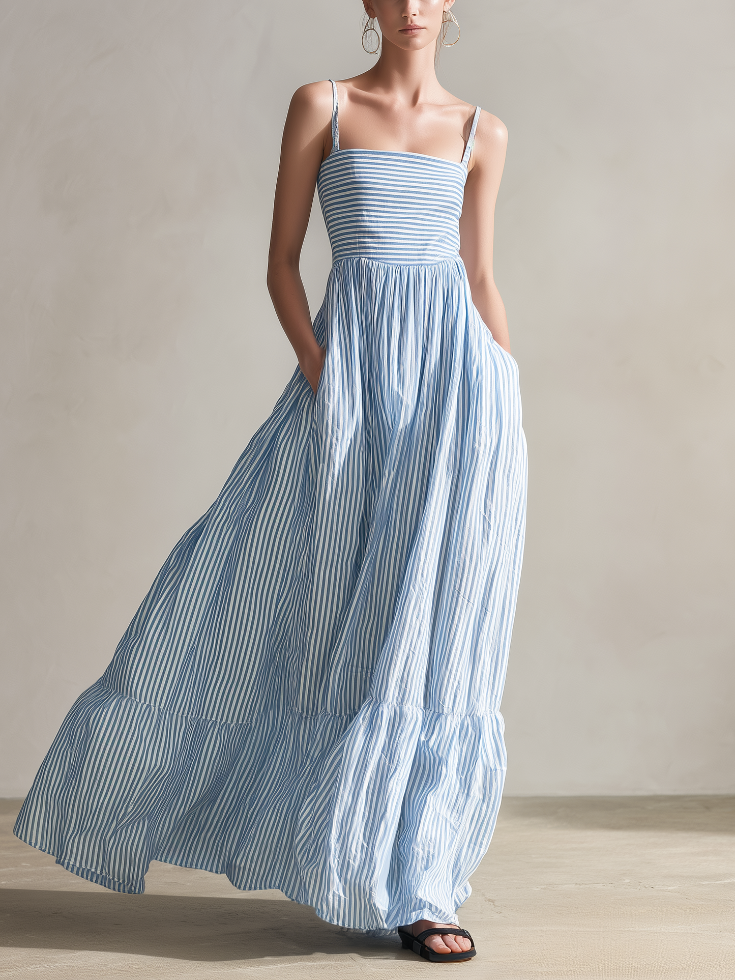Women's Casual Light Blue Striped Woven Sleeveless Spaghetti-Strap Maxi Dress