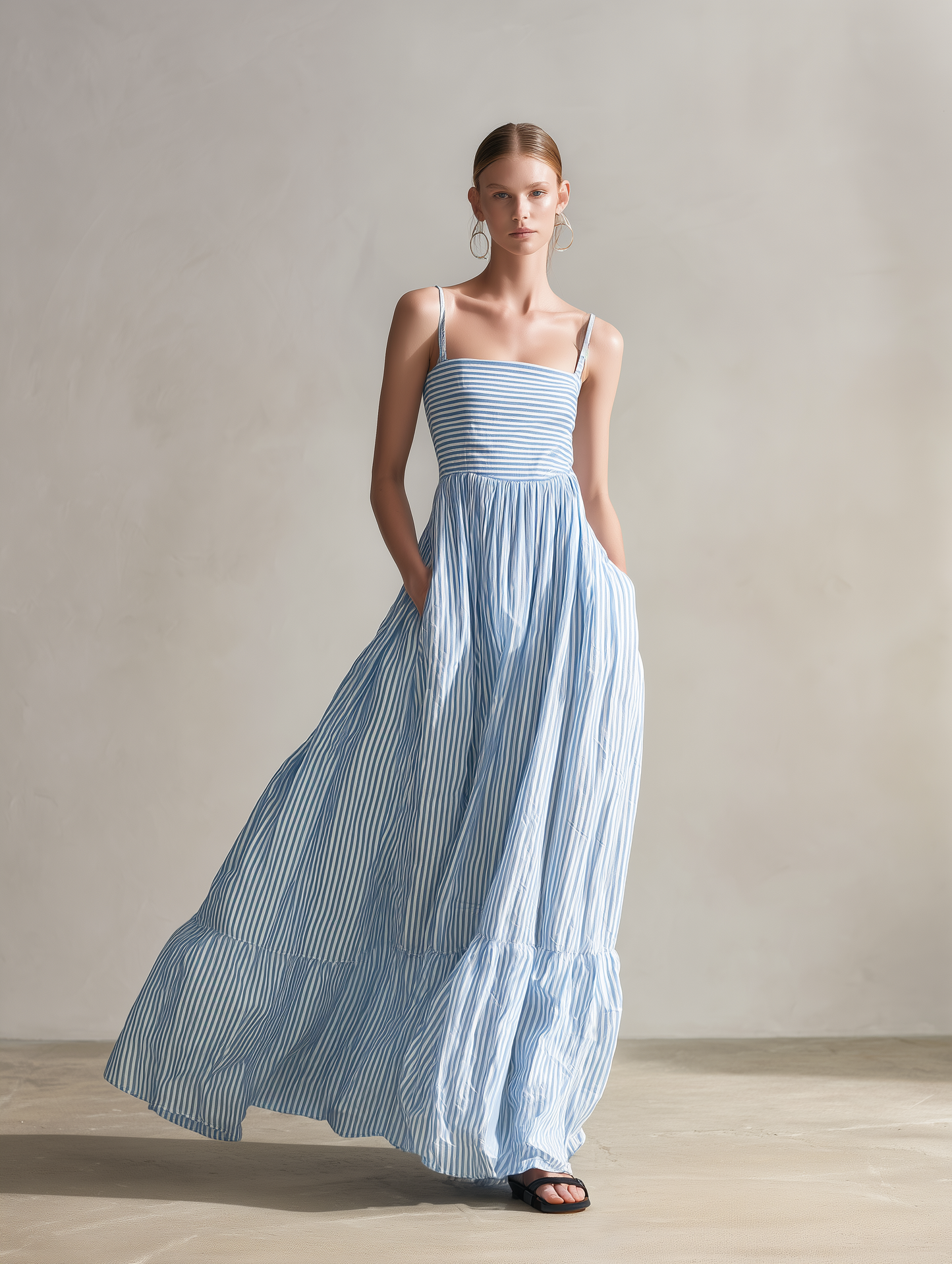 Women's Casual Light Blue Striped Woven Sleeveless Spaghetti-Strap Maxi Dress