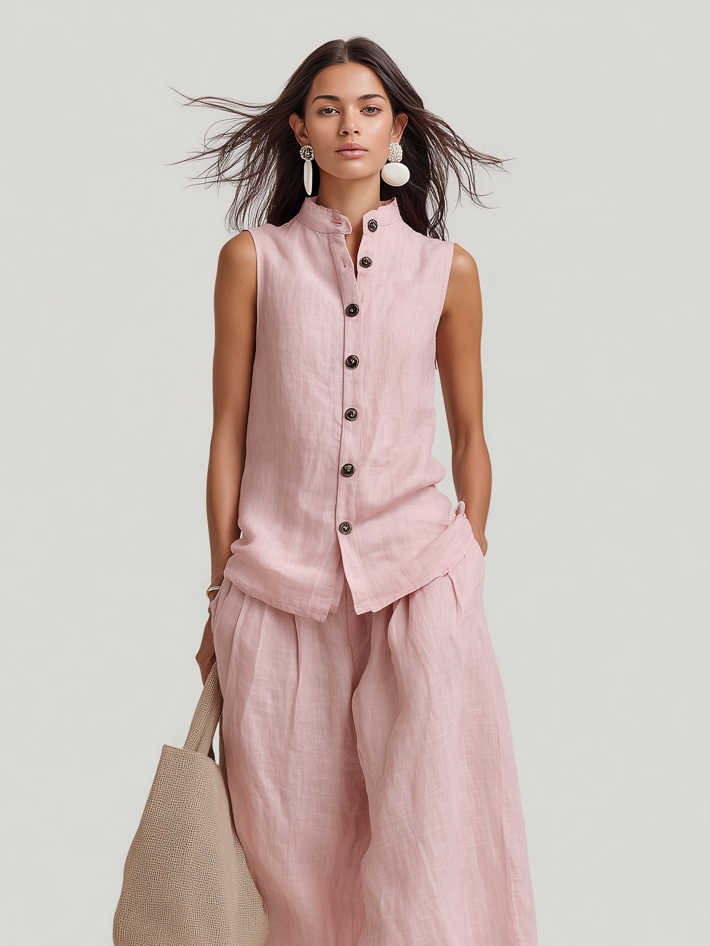 Women's Casual Light Pink Cotton-Linen Sleeveless Crew-Neck Top With Trousers