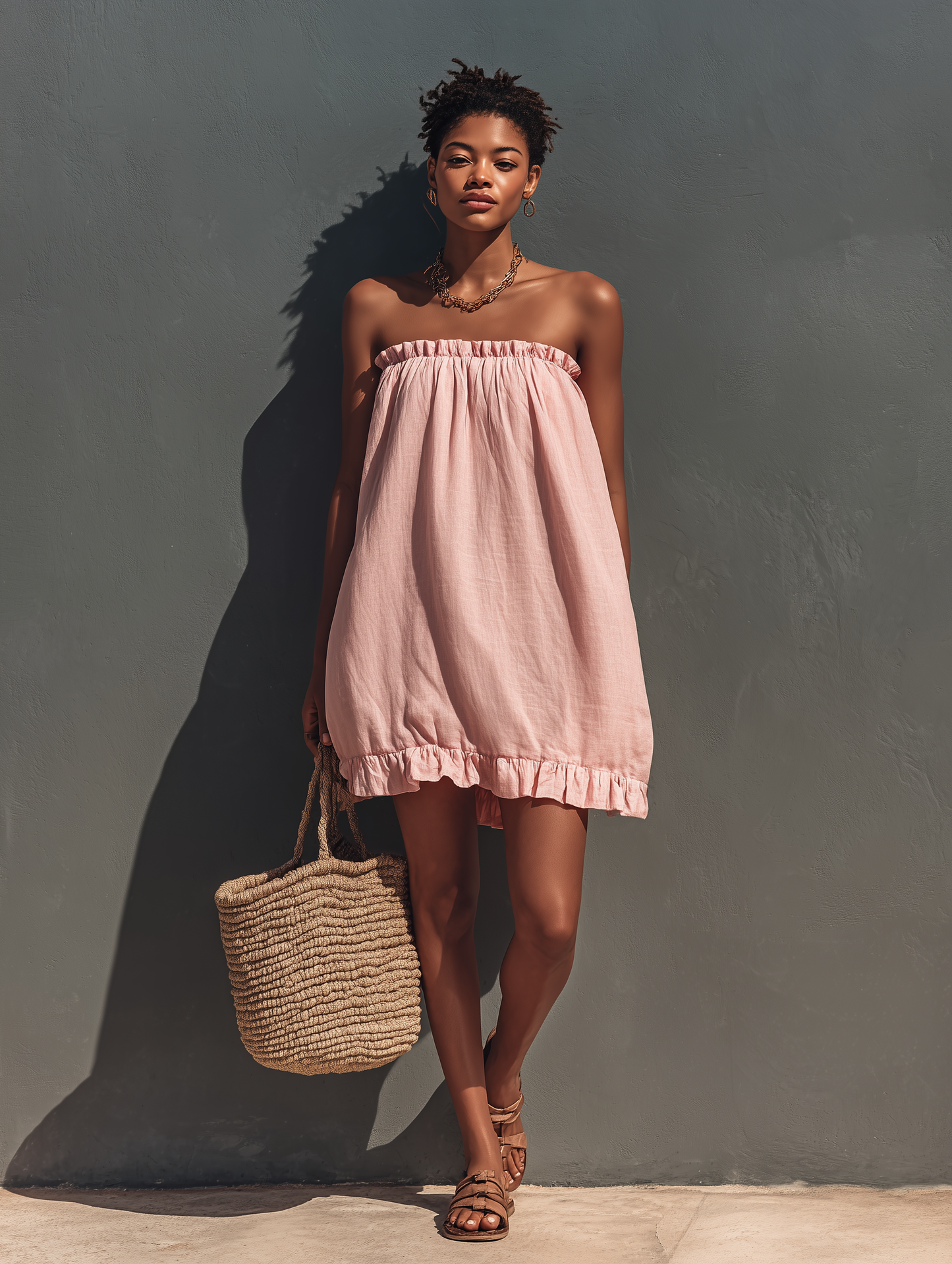 Women’s Blush Pink Linen-Blend Strapless Ruffle Trim Mini Sundress