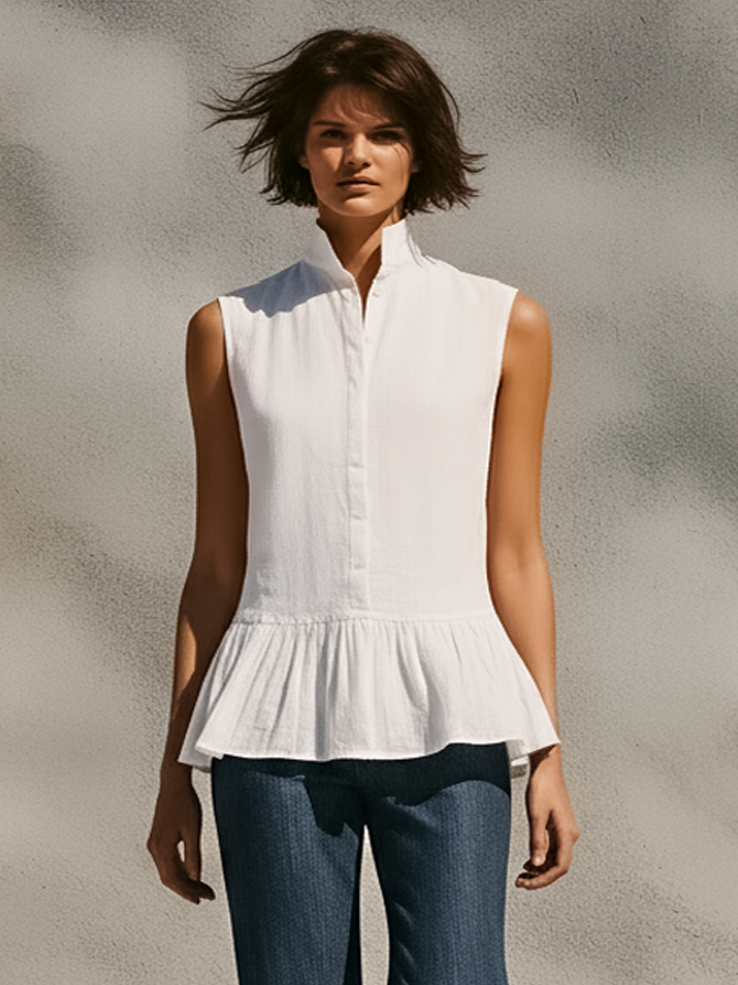 Women's Minimalist Sleeveless Linen-Blend Shirt & Ruffled-Hem Jeans Set