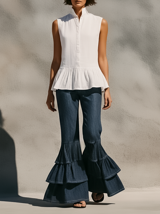 Women's Minimalist Sleeveless Linen-Blend Shirt & Ruffled-Hem Jeans Set
