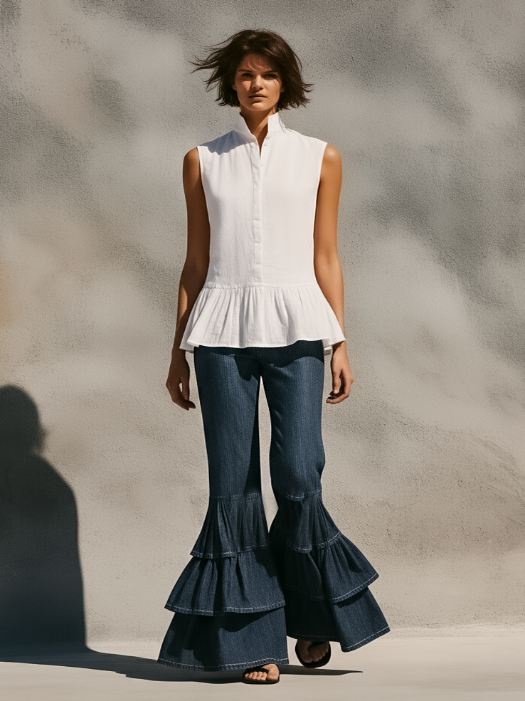 Women's Minimalist Sleeveless Linen-Blend Shirt & Ruffled-Hem Jeans Set