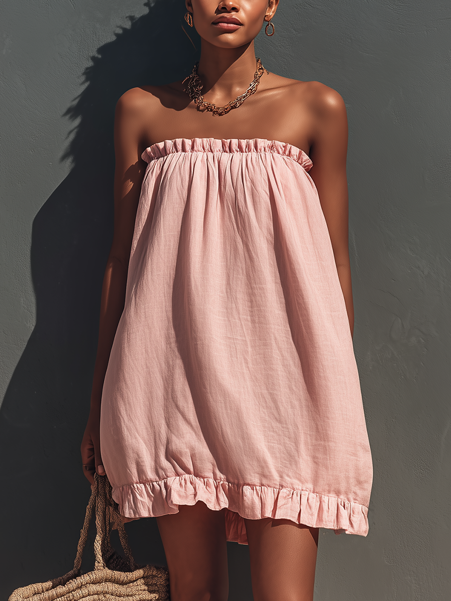 Women’s Blush Pink Linen-Blend Strapless Ruffle Trim Mini Sundress