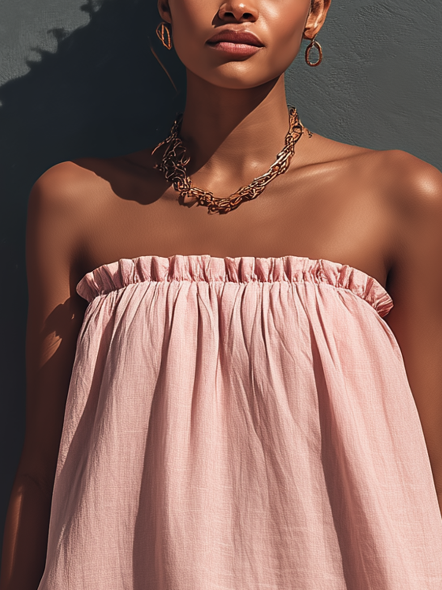 Women’s Blush Pink Linen-Blend Strapless Ruffle Trim Mini Sundress