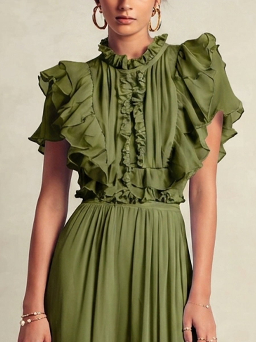 Women's Romantic Olive Green Chiffon Ruffled Short-Sleeved Fitted Waist Slit Long Dress