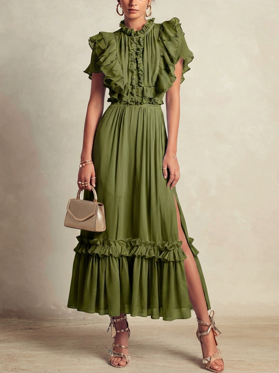 Women's Romantic Olive Green Chiffon Ruffled Short-Sleeved Fitted Waist Slit Long Dress