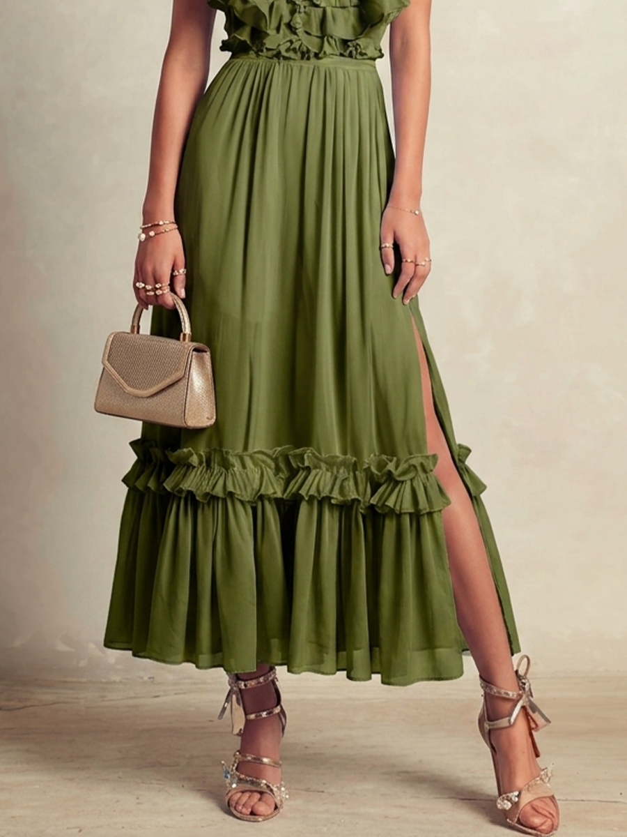 Women's Romantic Olive Green Chiffon Ruffled Short-Sleeved Fitted Waist Slit Long Dress