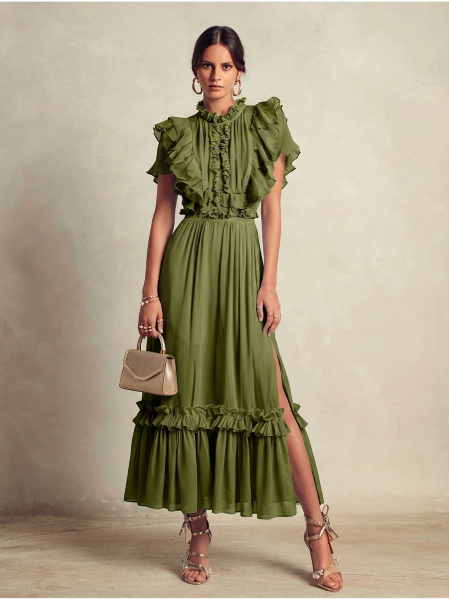 Women's Romantic Olive Green Chiffon Ruffled Short-Sleeved Fitted Waist Slit Long Dress