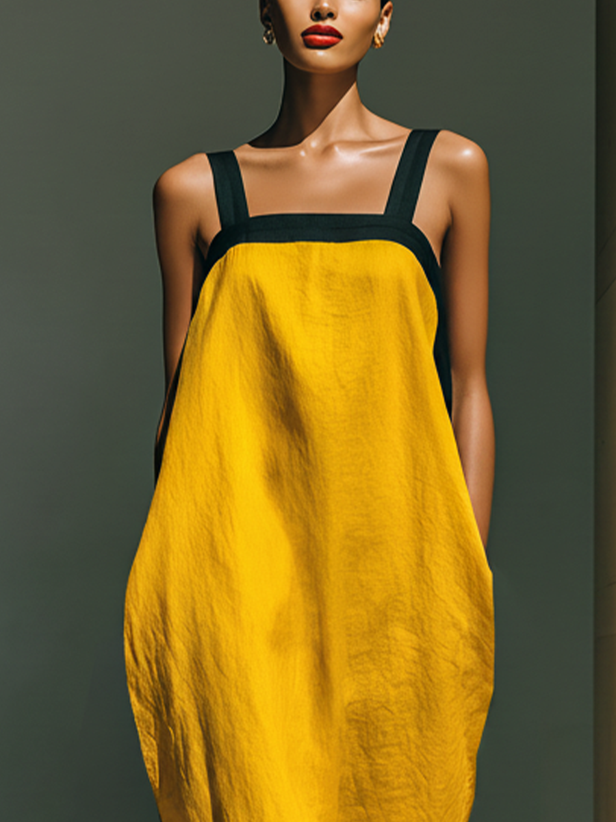 Women’s Yellow Linen-Blend Contrast Strap Tassel Hem Maxi Dress With Pockets
