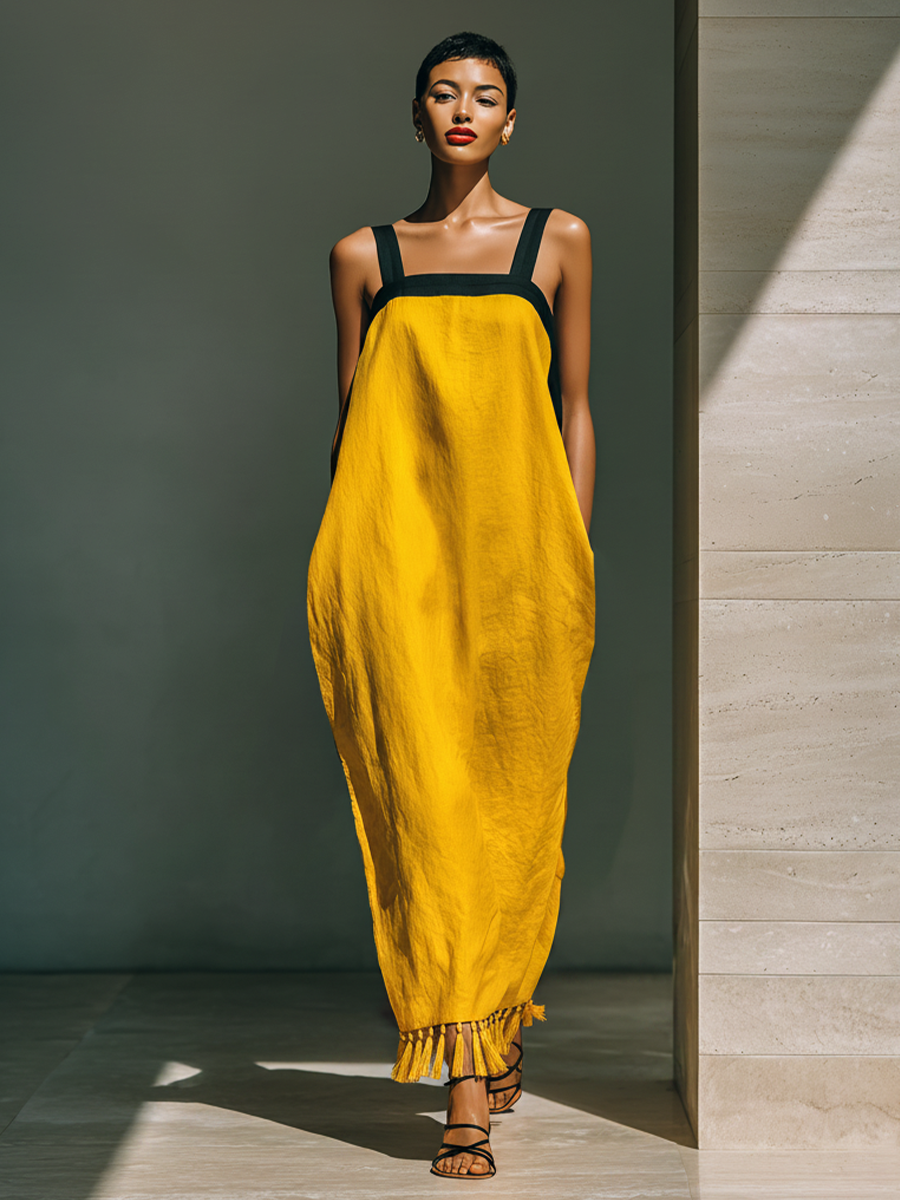 Women’s Yellow Linen-Blend Contrast Strap Tassel Hem Maxi Dress With Pockets