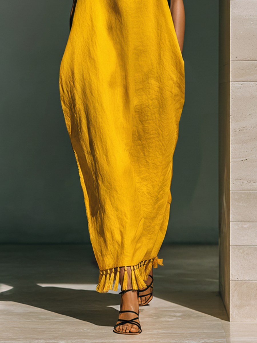 Women’s Yellow Linen-Blend Contrast Strap Tassel Hem Maxi Dress With Pockets
