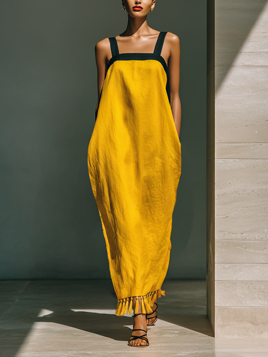 Women’s Yellow Linen-Blend Contrast Strap Tassel Hem Maxi Dress With Pockets
