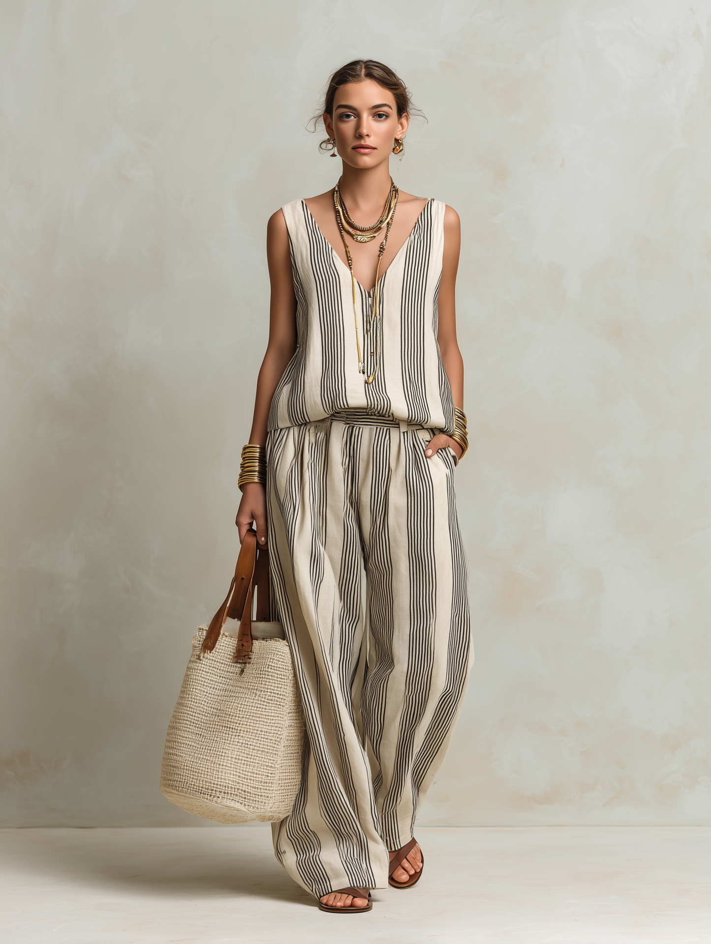 Women's Casual Black And White Striped Woven V-Neck Sleeveless Top With Trousers