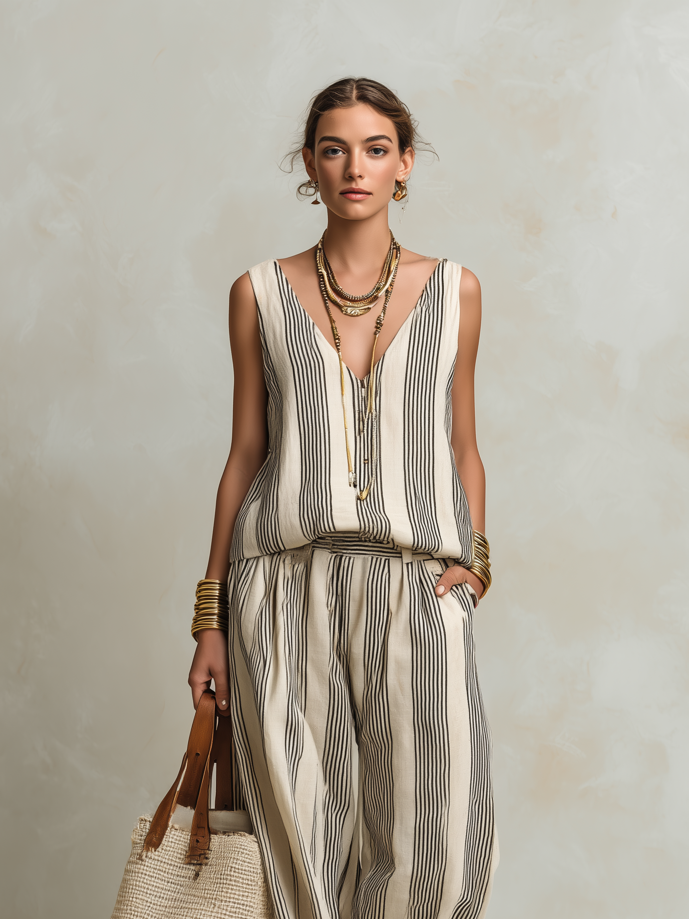 Women's Casual Black And White Striped Woven V-Neck Sleeveless Top With Trousers