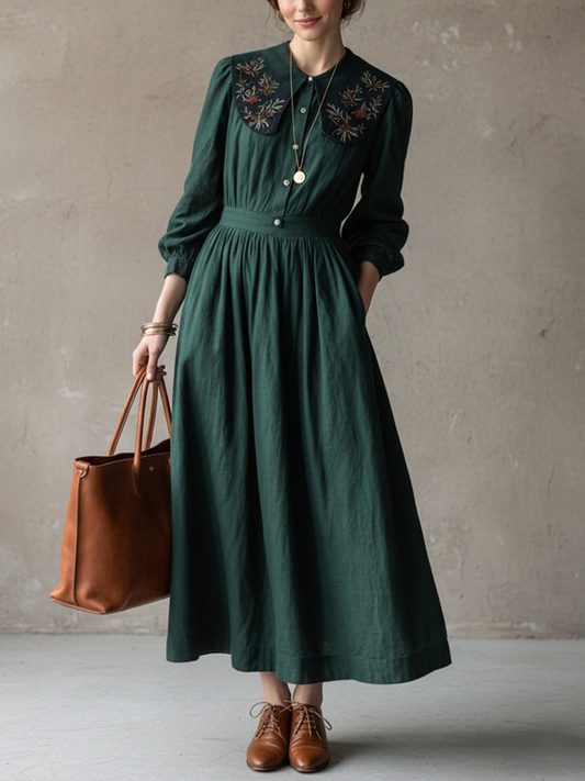 Women’s Retro Dark Green Cotton Linen Embroidered Collar Fitted Waist Long Dress