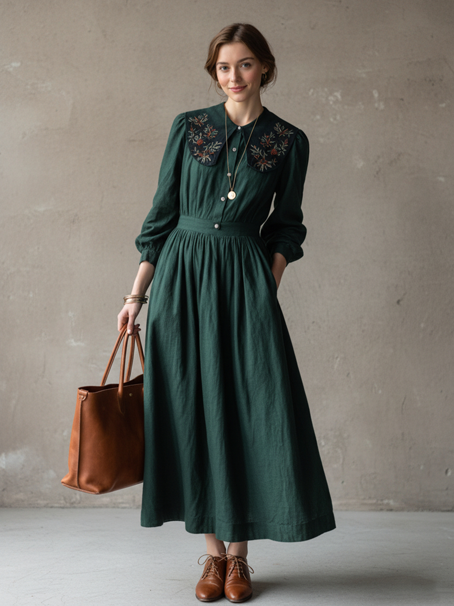 Women’s Retro Dark Green Cotton Linen Embroidered Collar Fitted Waist Long Dress