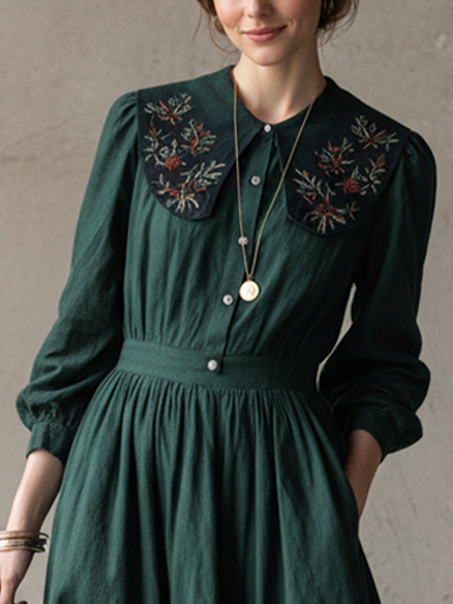 Women’s Retro Dark Green Cotton Linen Embroidered Collar Fitted Waist Long Dress