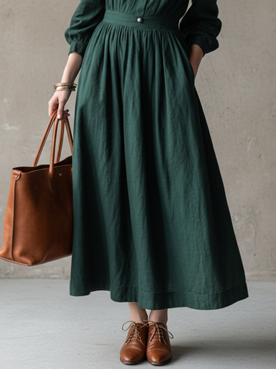Women’s Retro Dark Green Cotton Linen Embroidered Collar Fitted Waist Long Dress