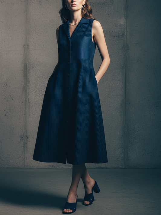 Women's Minimalist Navy And White Striped Cotton Blend Sleeveless Shirt Dress With Leather Detailing