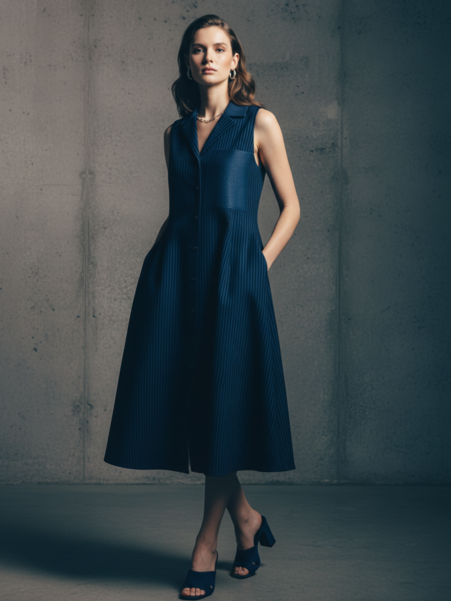 Women's Minimalist Navy And White Striped Cotton Blend Sleeveless Shirt Dress With Leather Detailing