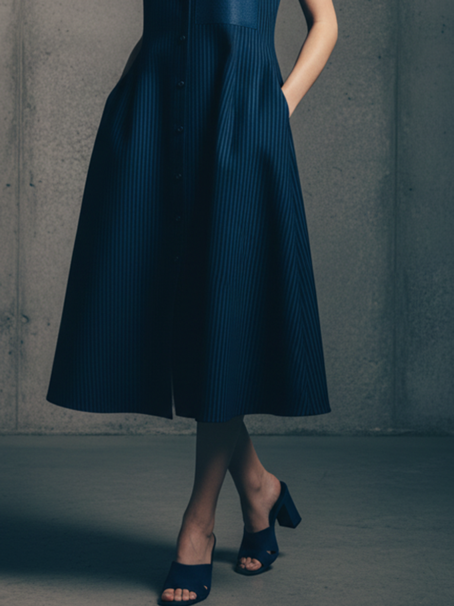 Women's Minimalist Navy And White Striped Cotton Blend Sleeveless Shirt Dress With Leather Detailing