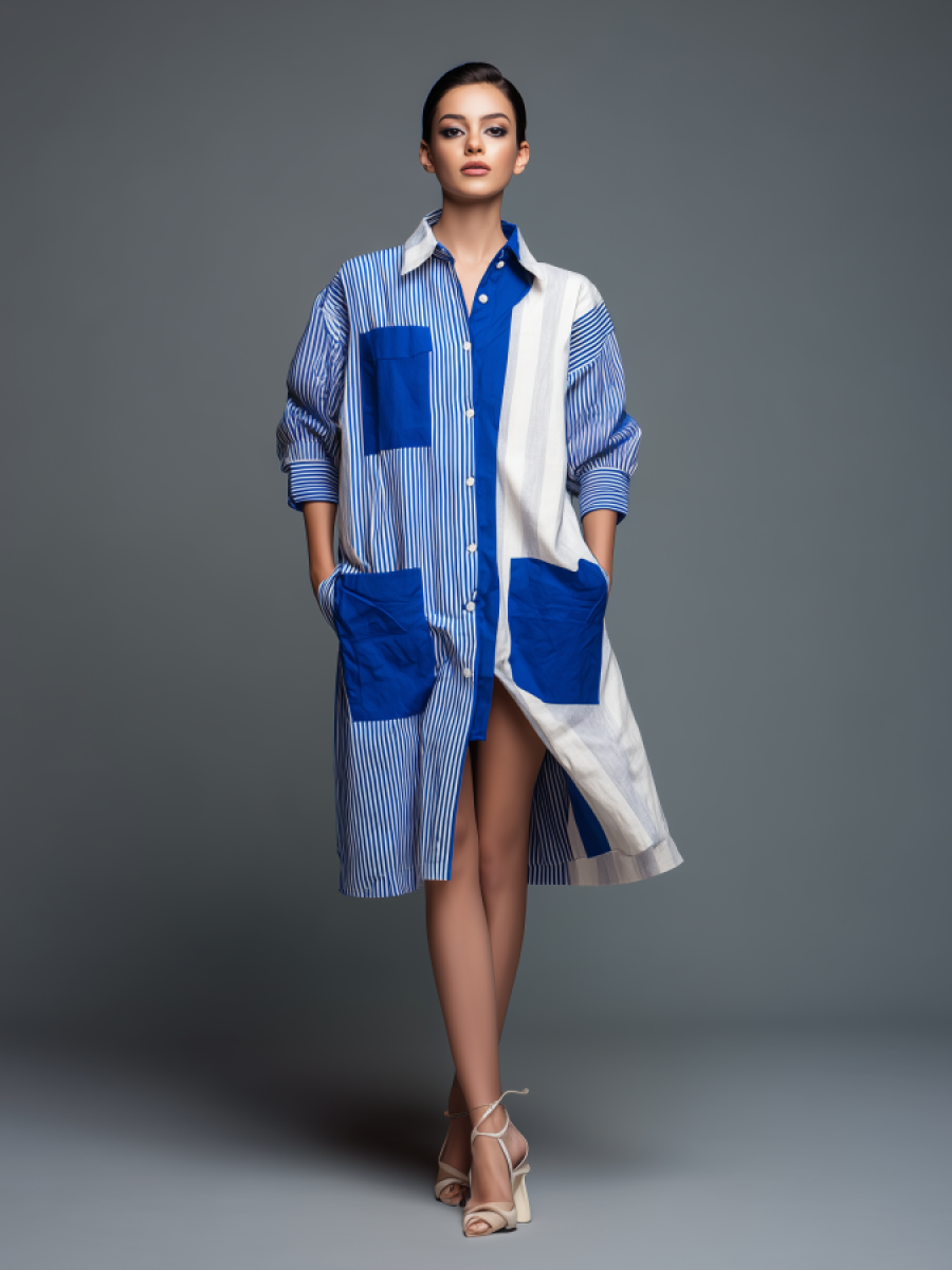 Women's Modern Minimalist Deconstructed-Style Blue And White Striped Patchwork Shirt Dress