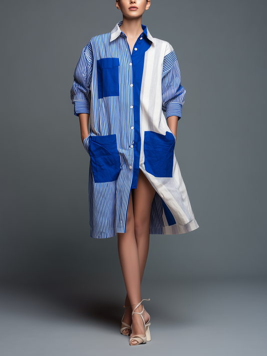 Women's Modern Minimalist Deconstructed-Style Blue And White Striped Patchwork Shirt Dress