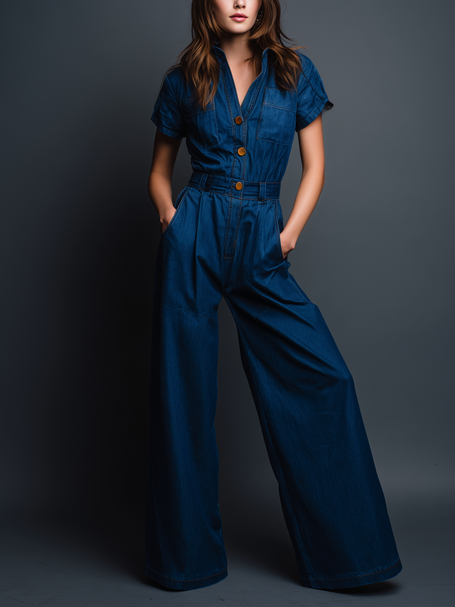 Women's Modern Minimalist Retro-Style Workwear: Blue Denim Short-Sleeve Jumpsuit