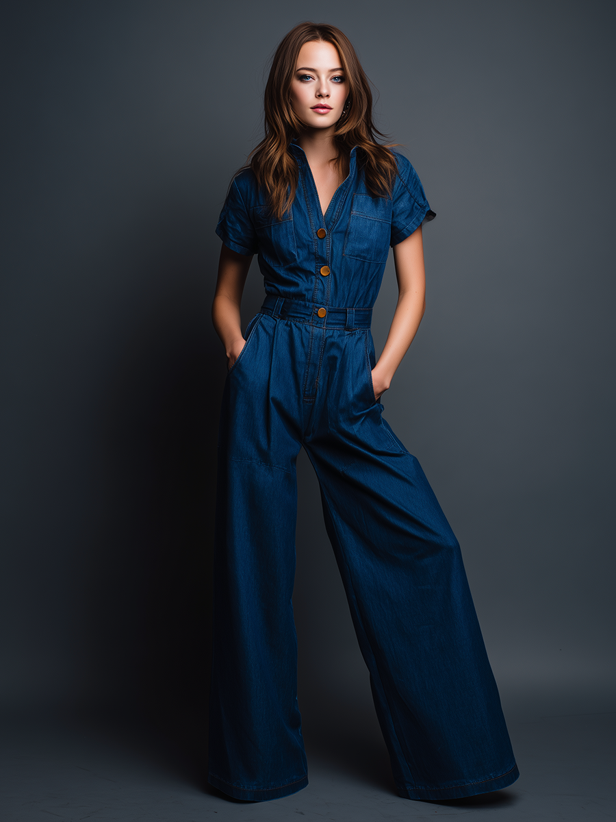 Women's Modern Minimalist Retro-Style Workwear: Blue Denim Short-Sleeve Jumpsuit