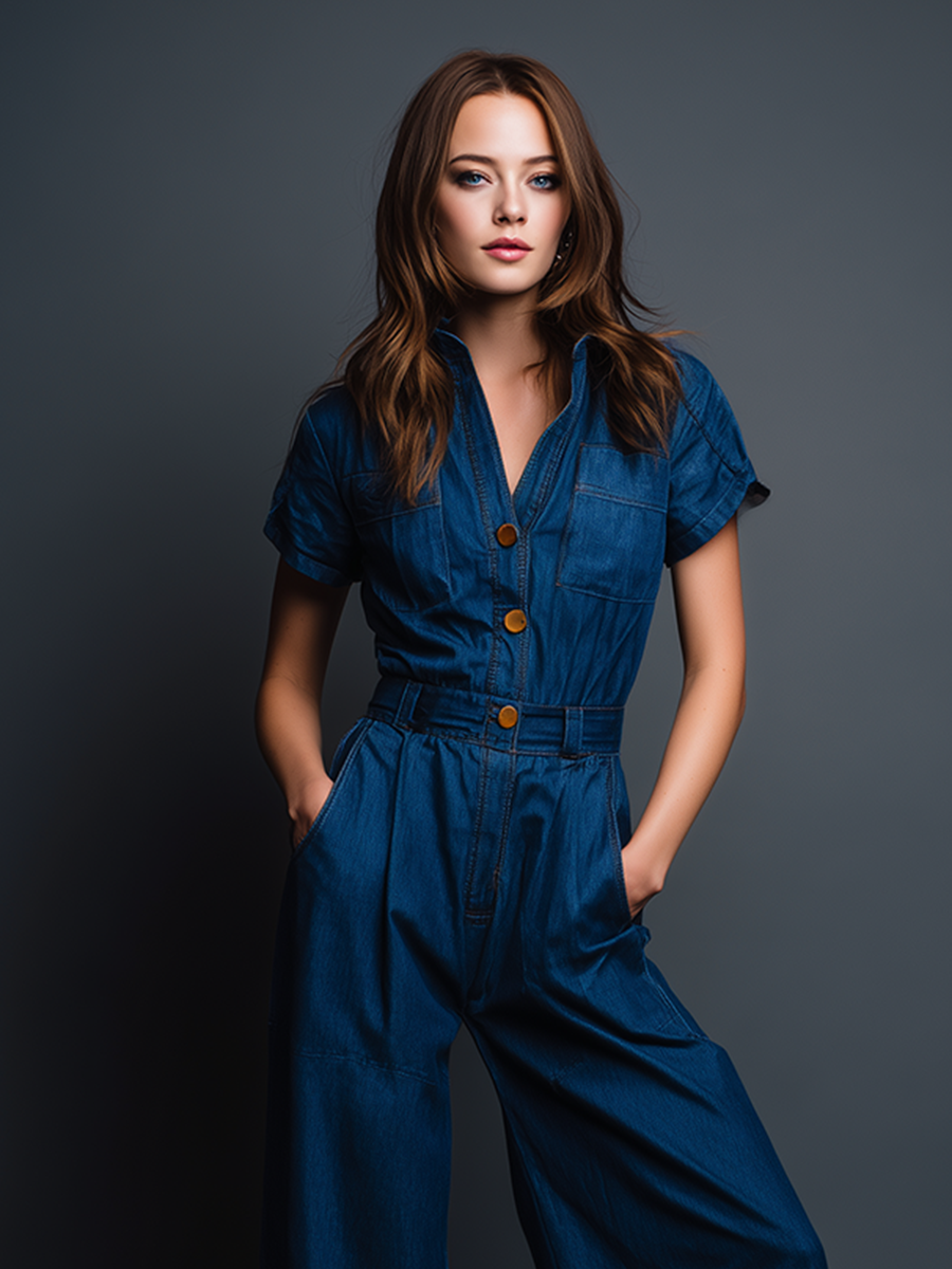 Women's Modern Minimalist Retro-Style Workwear: Blue Denim Short-Sleeve Jumpsuit