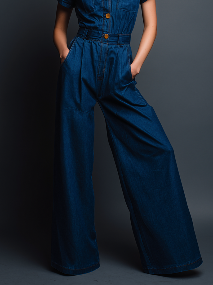 Women's Modern Minimalist Retro-Style Workwear: Blue Denim Short-Sleeve Jumpsuit