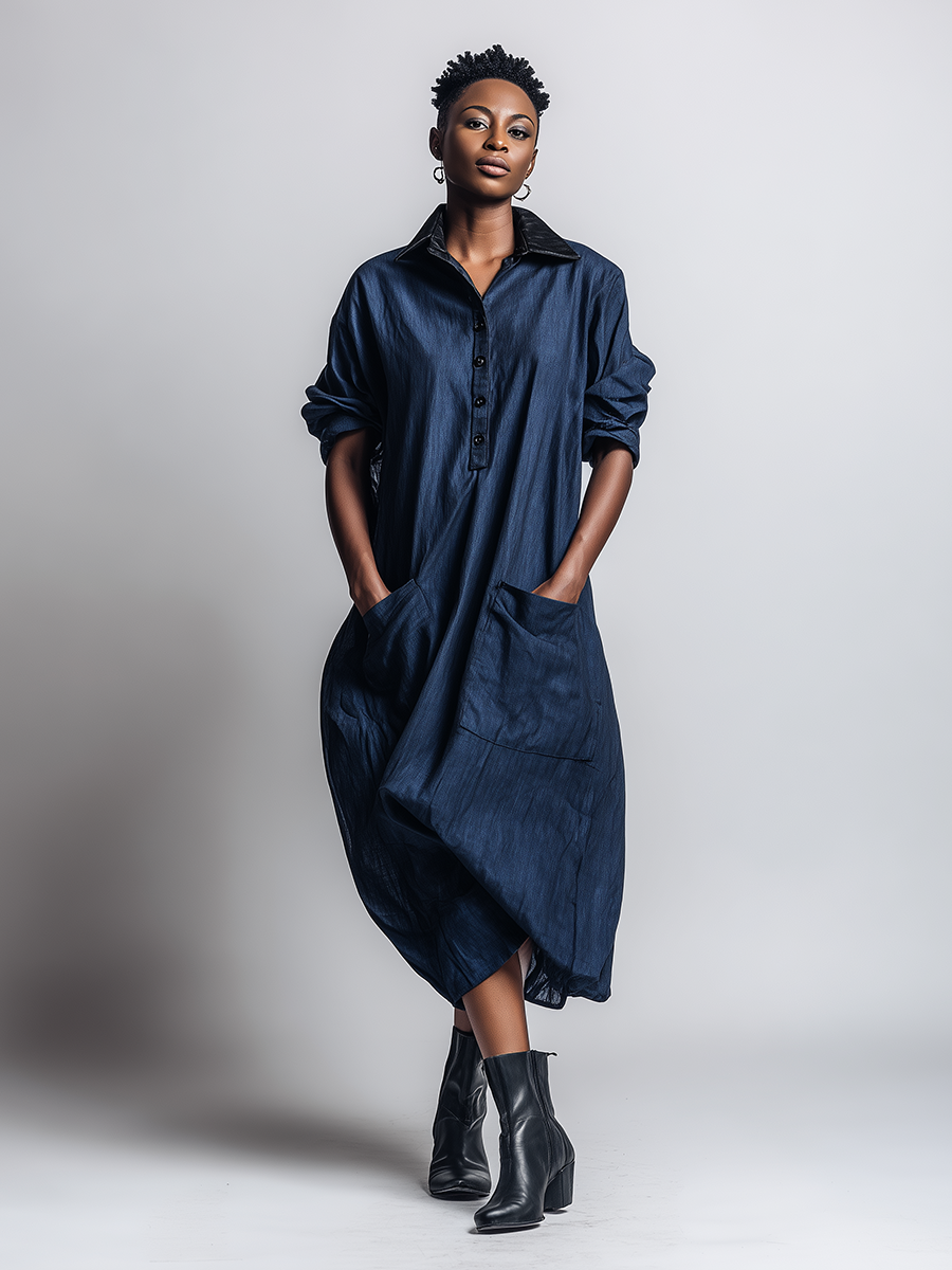 Women's Minimalist Workwear-Style Commuter Dress — Loose-Fit, Distressed Dark Blue, With Leather Collar