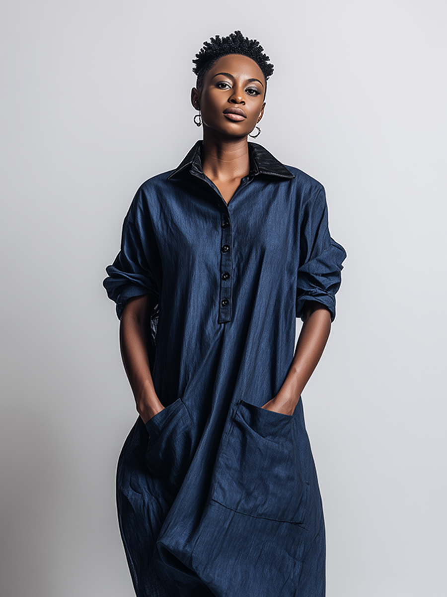 Women's Minimalist Workwear-Style Commuter Dress — Loose-Fit, Distressed Dark Blue, With Leather Collar