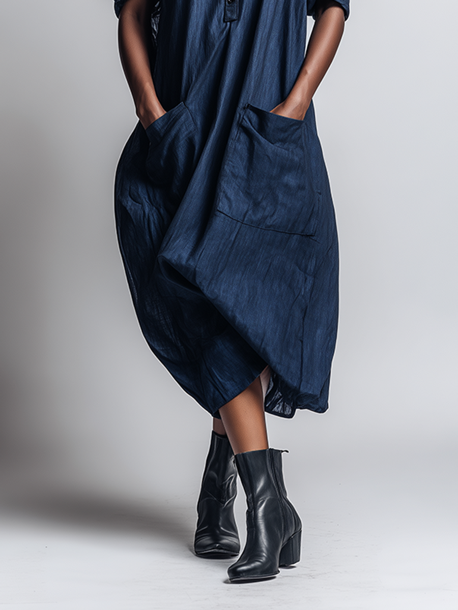 Women's Minimalist Workwear-Style Commuter Dress — Loose-Fit, Distressed Dark Blue, With Leather Collar