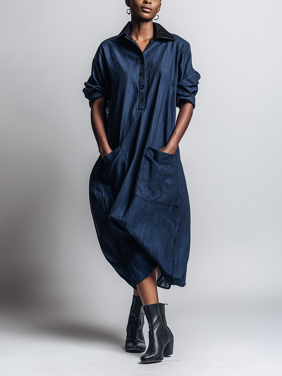 Women's Minimalist Workwear-Style Commuter Dress — Loose-Fit, Distressed Dark Blue, With Leather Collar