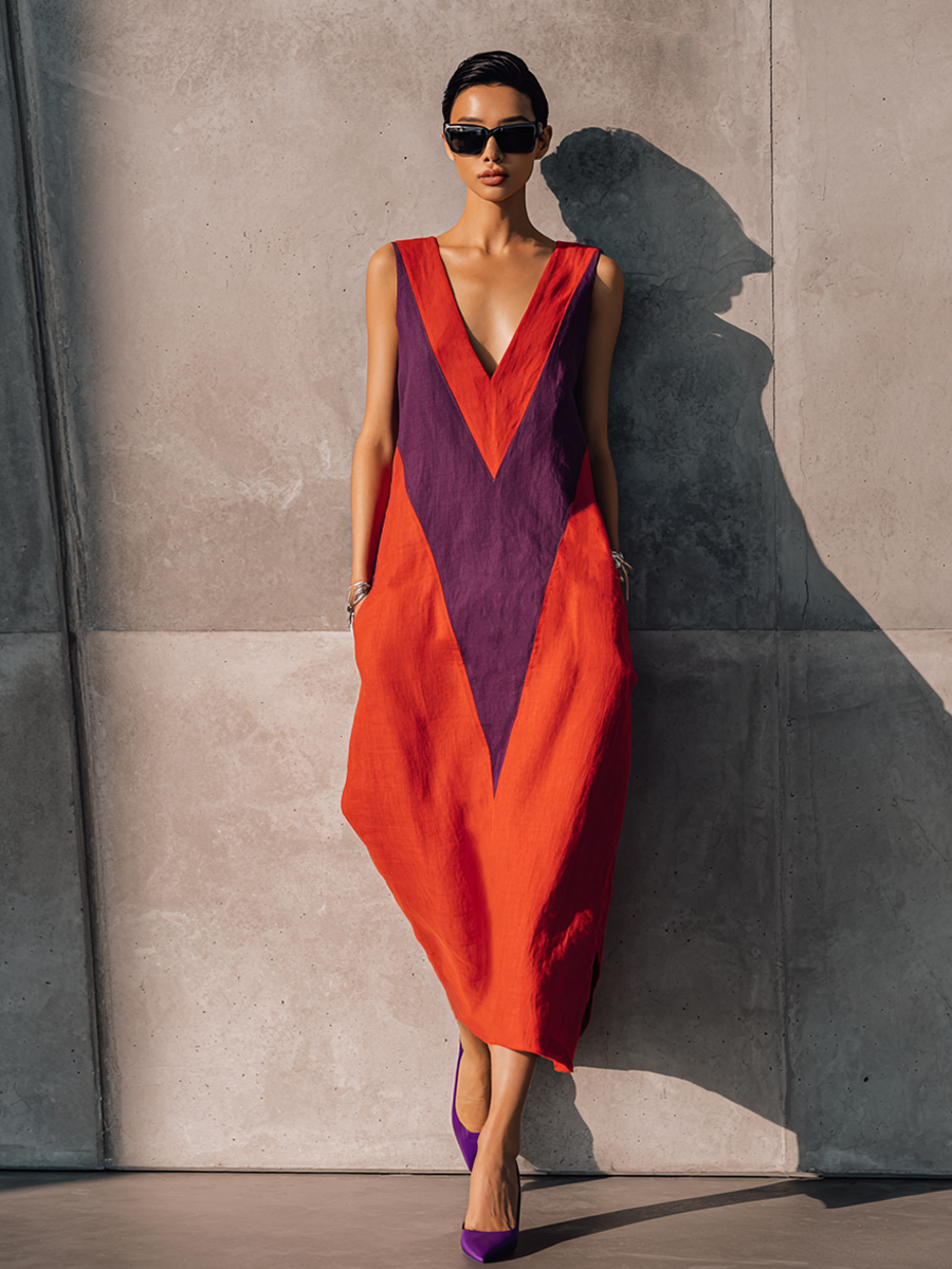 Women's Fashionable Orange And Purple Color-blocked Cotton Linen V-neck Sleeveless Long Dress