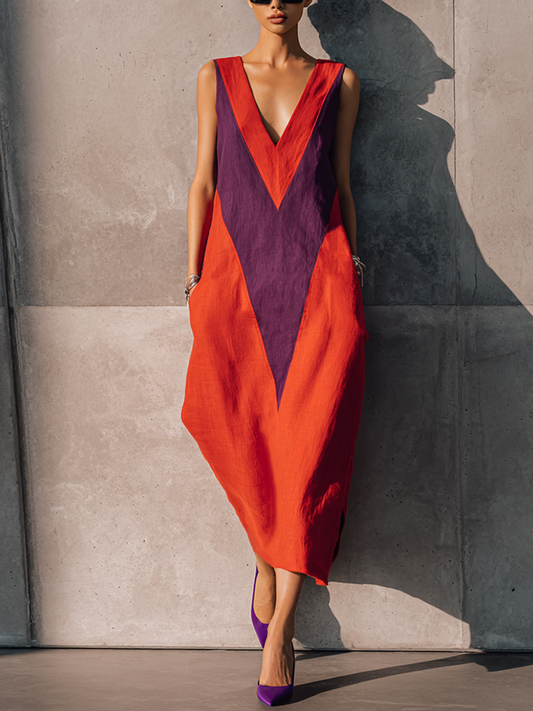 Women's Fashionable Orange And Purple Color-blocked Cotton Linen V-neck Sleeveless Long Dress