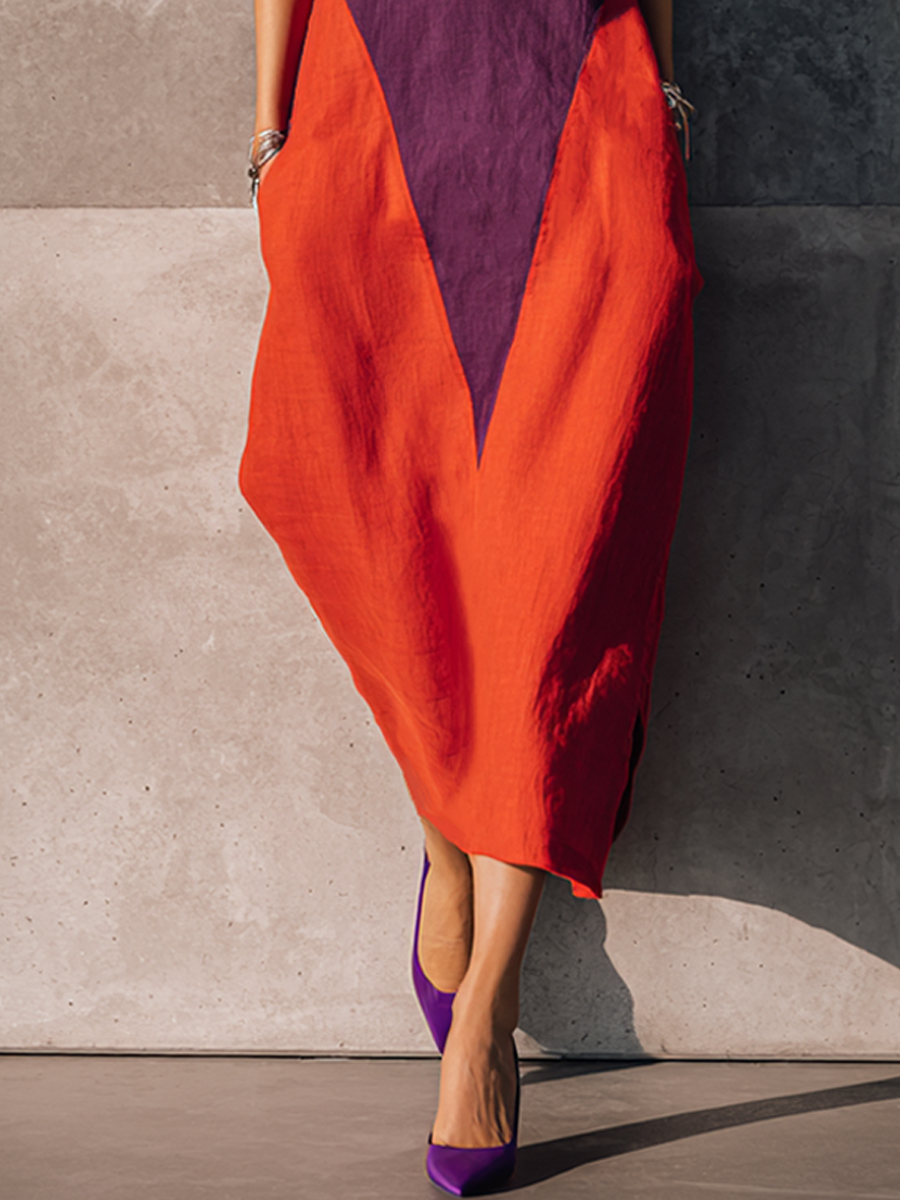Women's Fashionable Orange And Purple Color-blocked Cotton Linen V-neck Sleeveless Long Dress