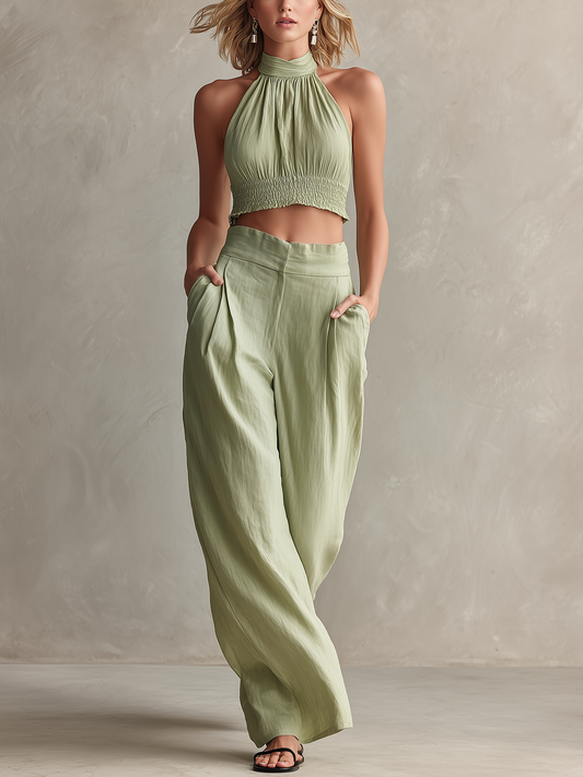 Women's Casual Light Green Cotton-Linen Halter-Neck Sleeveless Top With Trousers