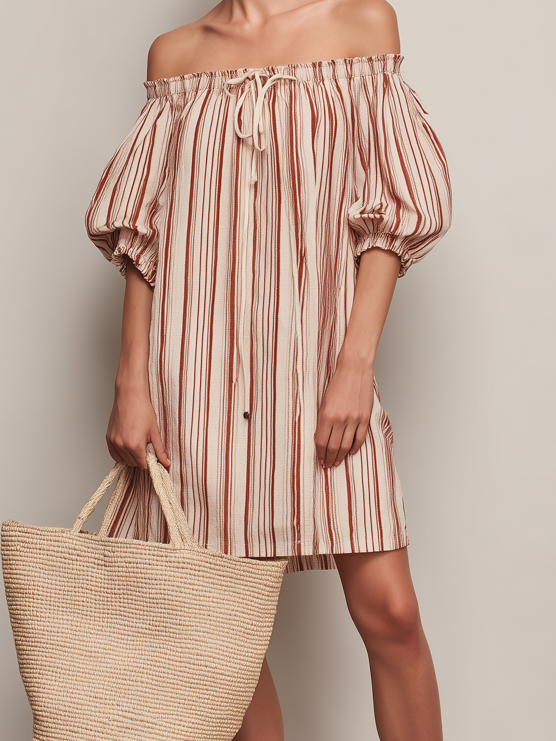 Women's Casual Deep Red & Beige Striped Woven Off-Shoulder Short-Sleeve Mini Dress