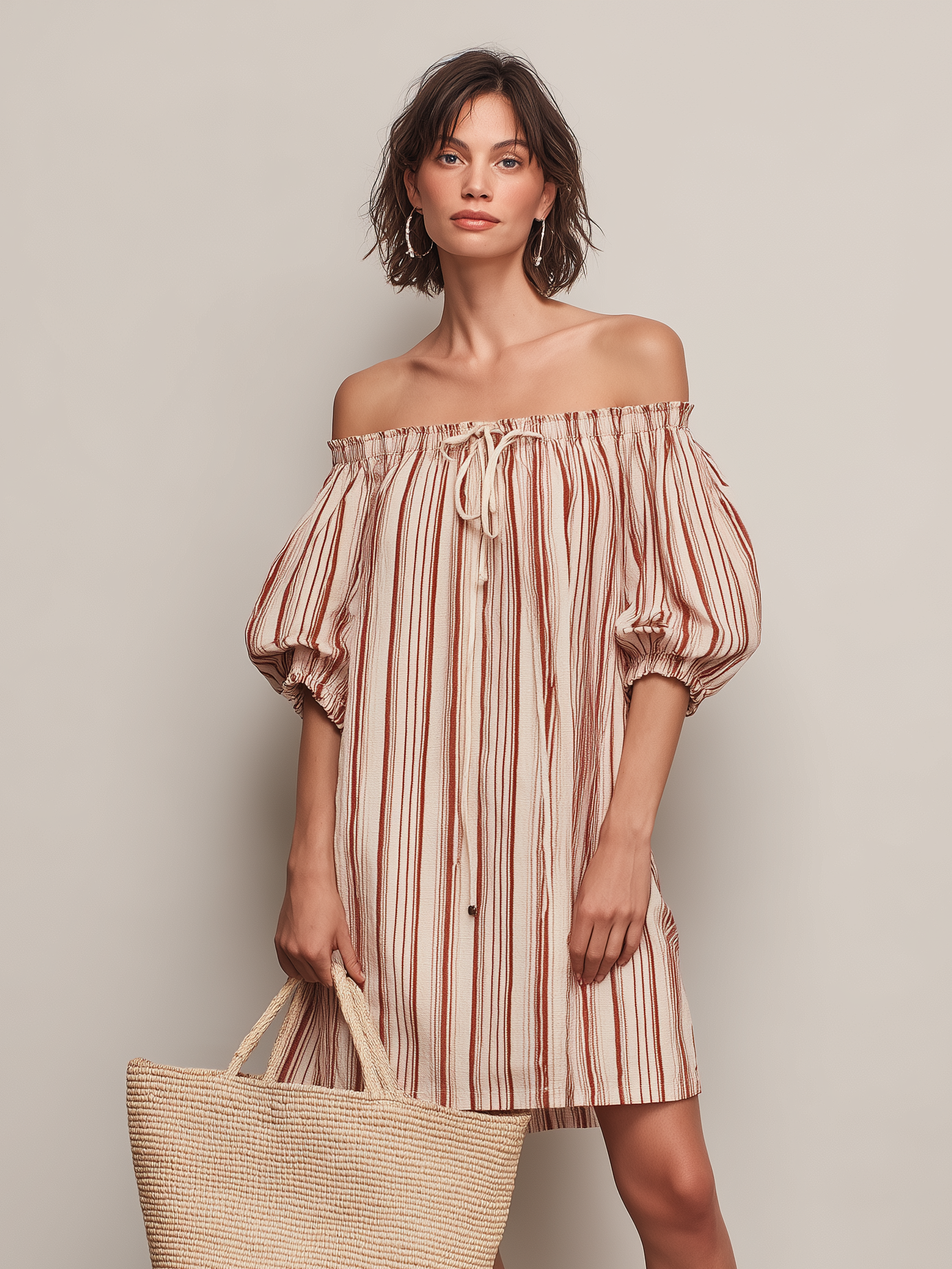 Women's Casual Deep Red & Beige Striped Woven Off-Shoulder Short-Sleeve Mini Dress
