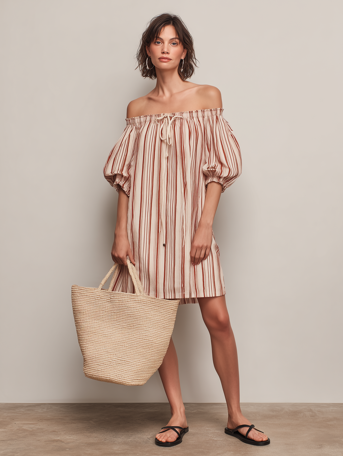Women's Casual Deep Red & Beige Striped Woven Off-Shoulder Short-Sleeve Mini Dress