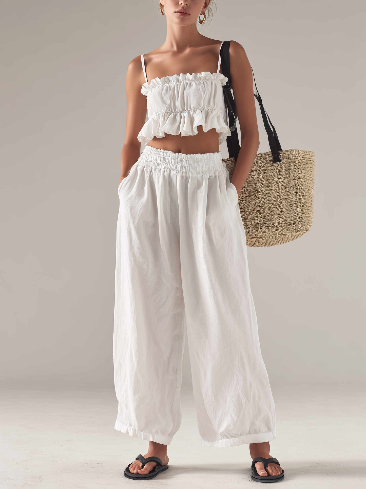 Women's Casual White Cotton-Linen Sleeveless Camisole Top Paired With Trousers