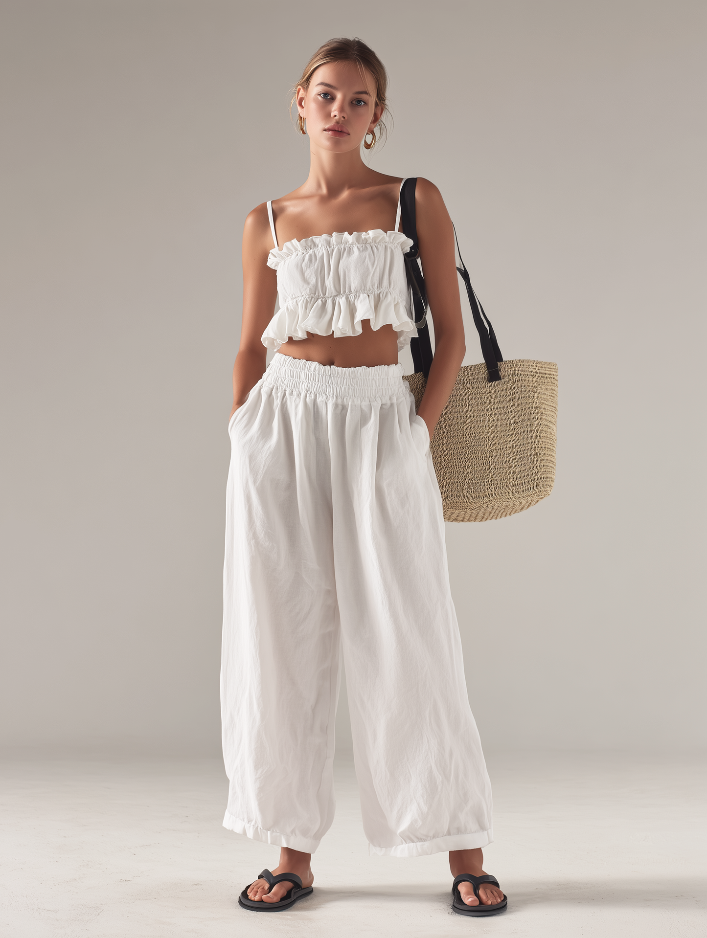 Women's Casual White Cotton-Linen Sleeveless Camisole Top Paired With Trousers