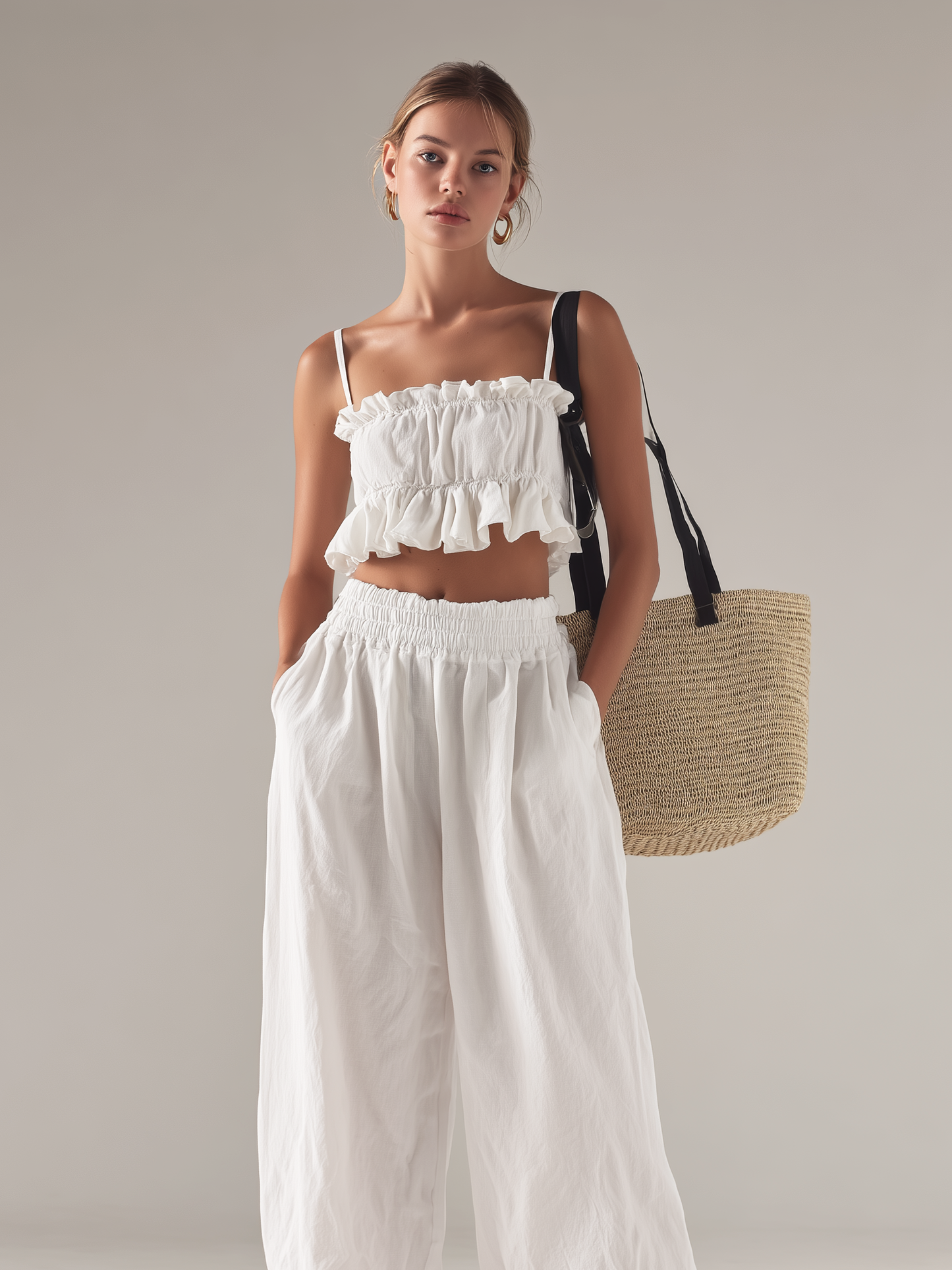 Women's Casual White Cotton-Linen Sleeveless Camisole Top Paired With Trousers