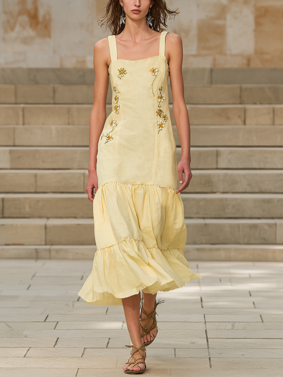 Women's Pastoral Pale Yellow Linen-Cotton Embroidered Square Neck Tiered Maxi Dress
